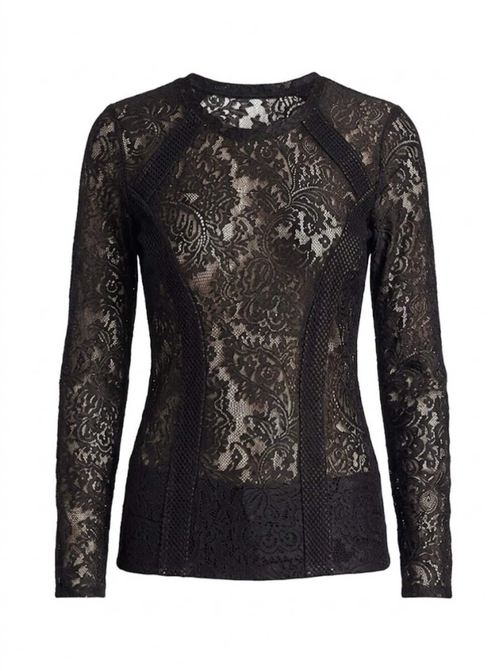 BCBG MAXAZRIA - Mikayla Black Paisley Stretch Lace Long Sleeve Top - Size M